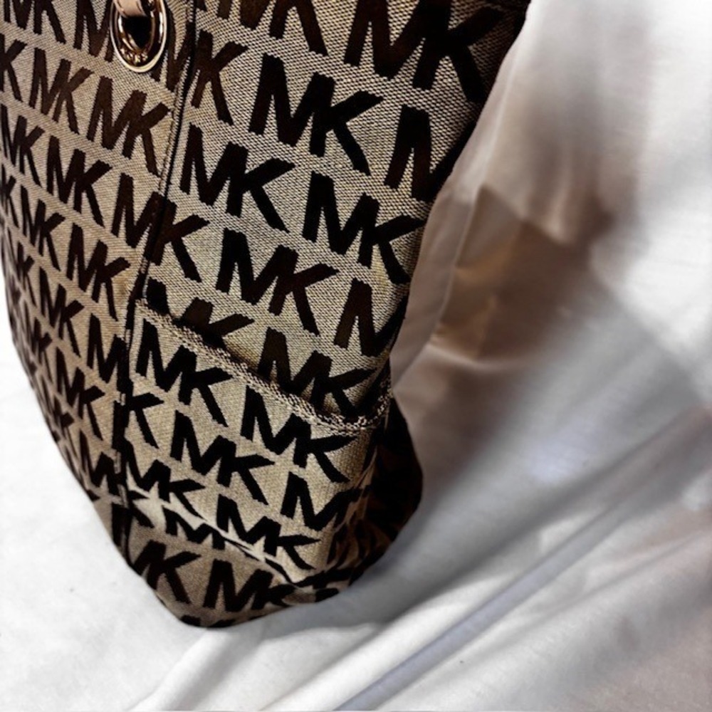 Michael Kors MK Logo Canvas Tote Bag Brown Tan Large Shoulder Bag - Picture 7 of 13